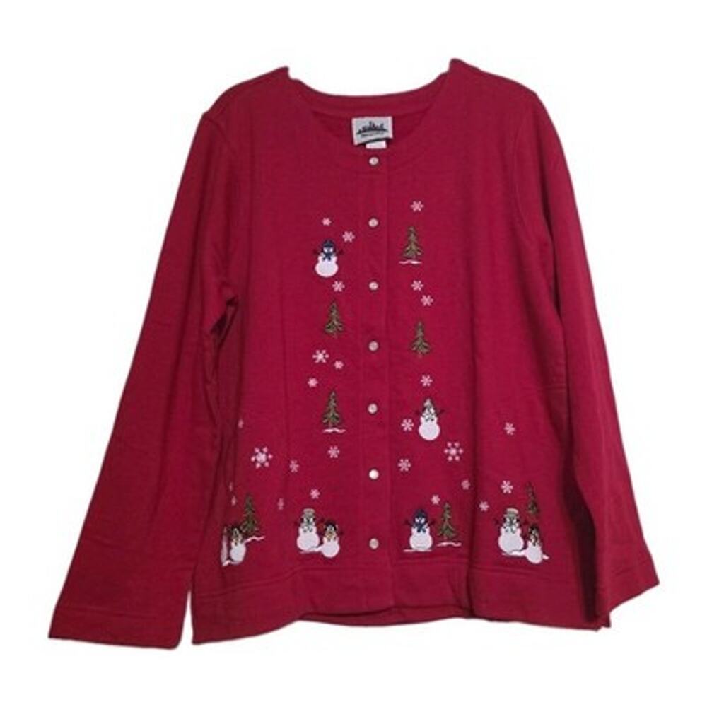 Vintage Christmas Fleece Cardigan Top Womens M Red Snowmen Trees Grandmacore